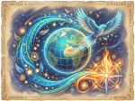 Glowing globe with latitude and longitude lines surrounded by stars, a blue phoenix, and a bright compass rose emitting light
