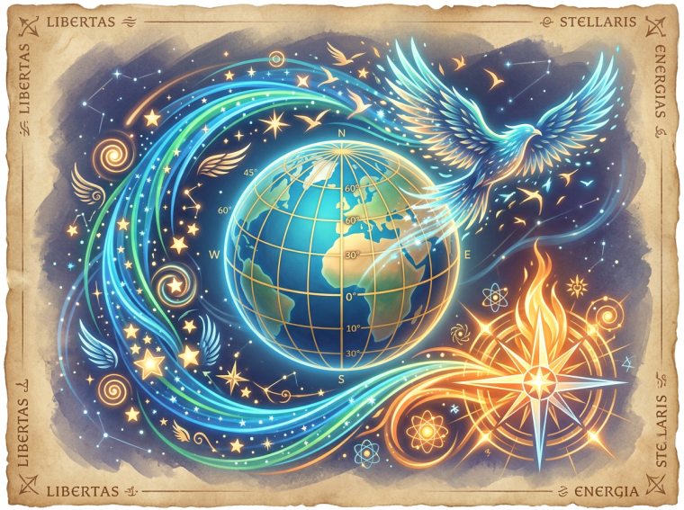 Glowing globe with latitude and longitude lines surrounded by stars, a blue phoenix, and a bright compass rose emitting light
