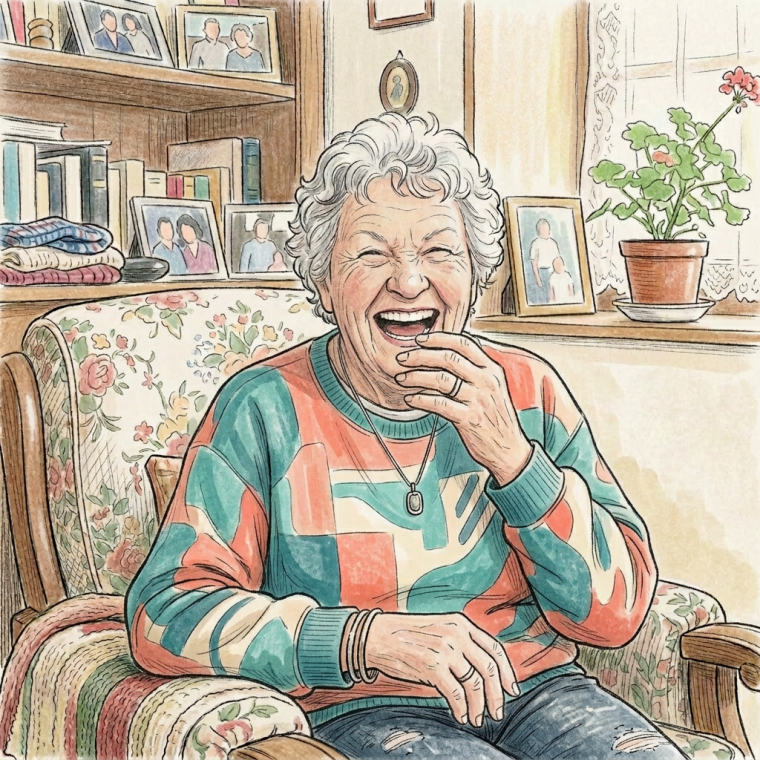 Elderly woman smiling and laughing seated in floral armchair in cozy living room